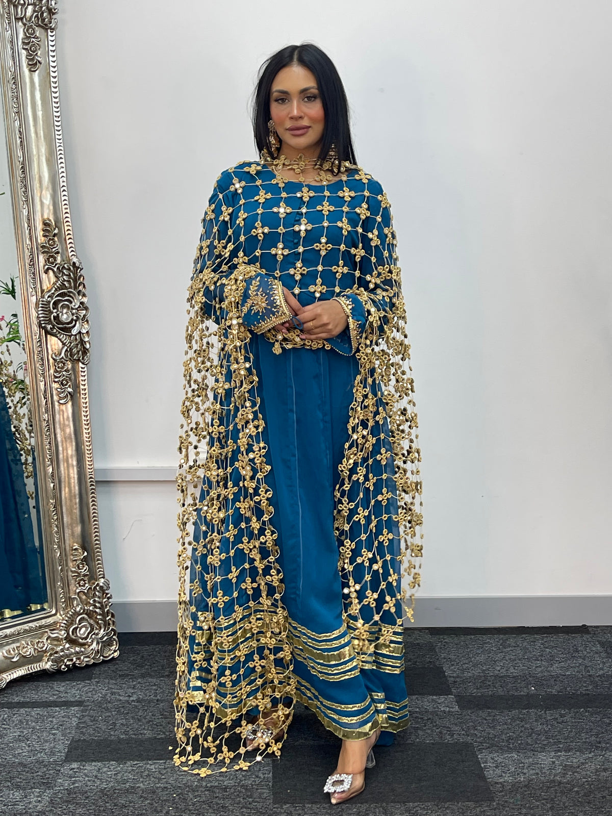 Preorder 4-5 weeks - Posheeda Sheesh Dupatta with MAXI DRESS- Poshida Mirror Dupata -