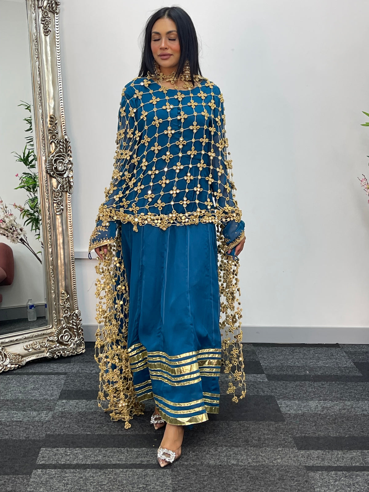 Preorder 4-5 weeks - Posheeda Sheesh Dupatta with MAXI DRESS- Poshida Mirror Dupata -