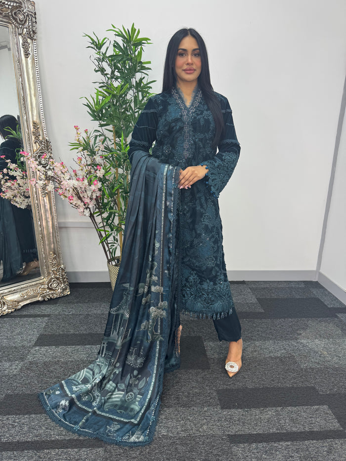 Maria B Luxury Velvet - Teal Blue -