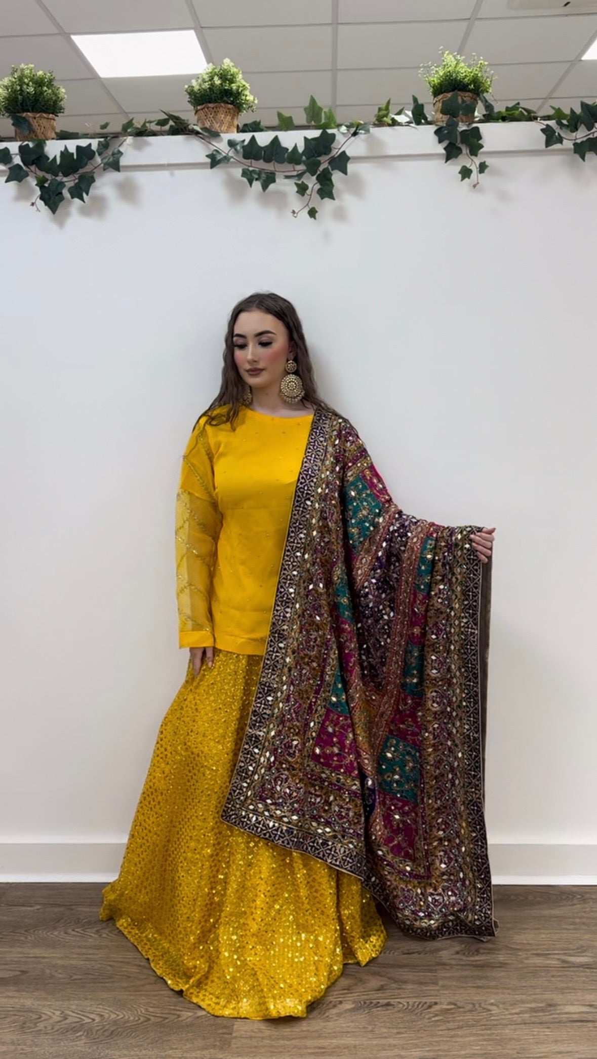 “Shahee Mehndi Maiyo” Lehnga Outfit with net dupatta - Mirror Sheesha Shawl is sold separately - Rang de Boutique