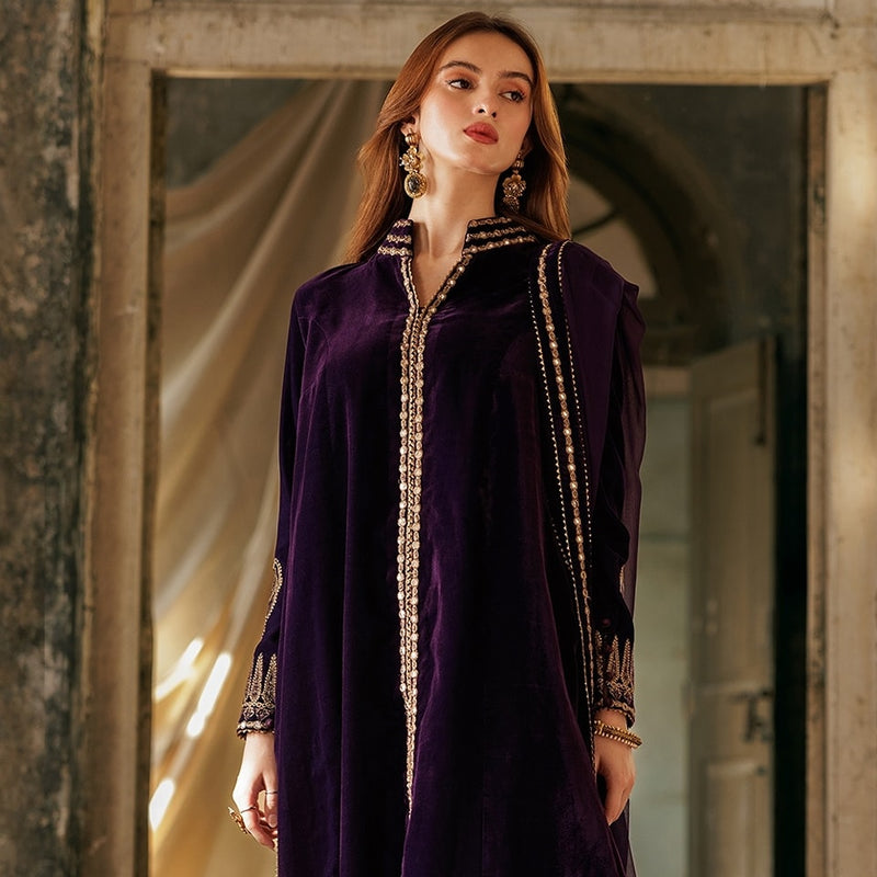 VVT4-019 3-PC Embroidered Velvet Shirt with Embroidered Organza Dupatta and Trouser