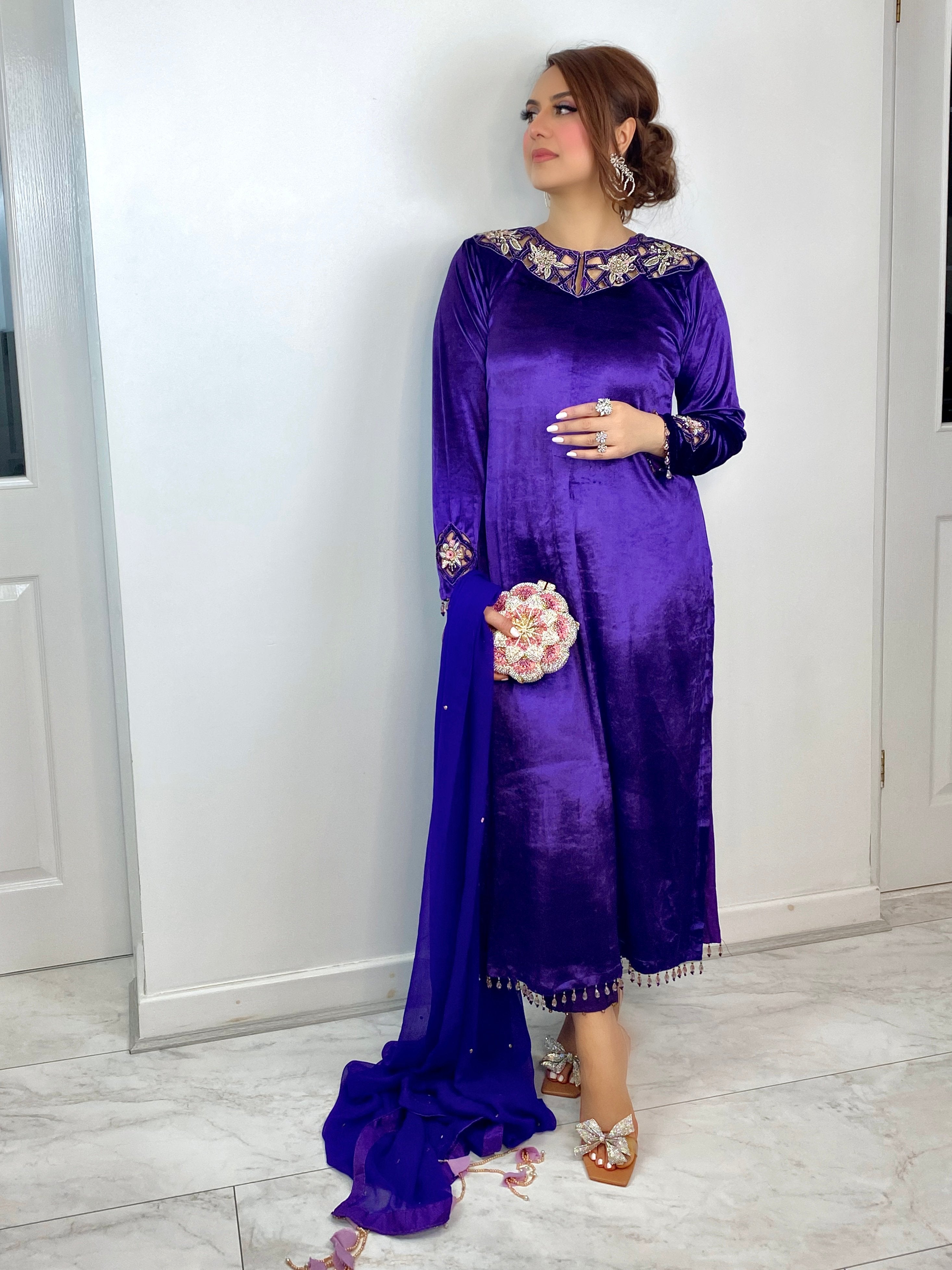 “Jaman” purple Velvet Pret with gold and Silver Wedding Outfit - Rang de Boutique