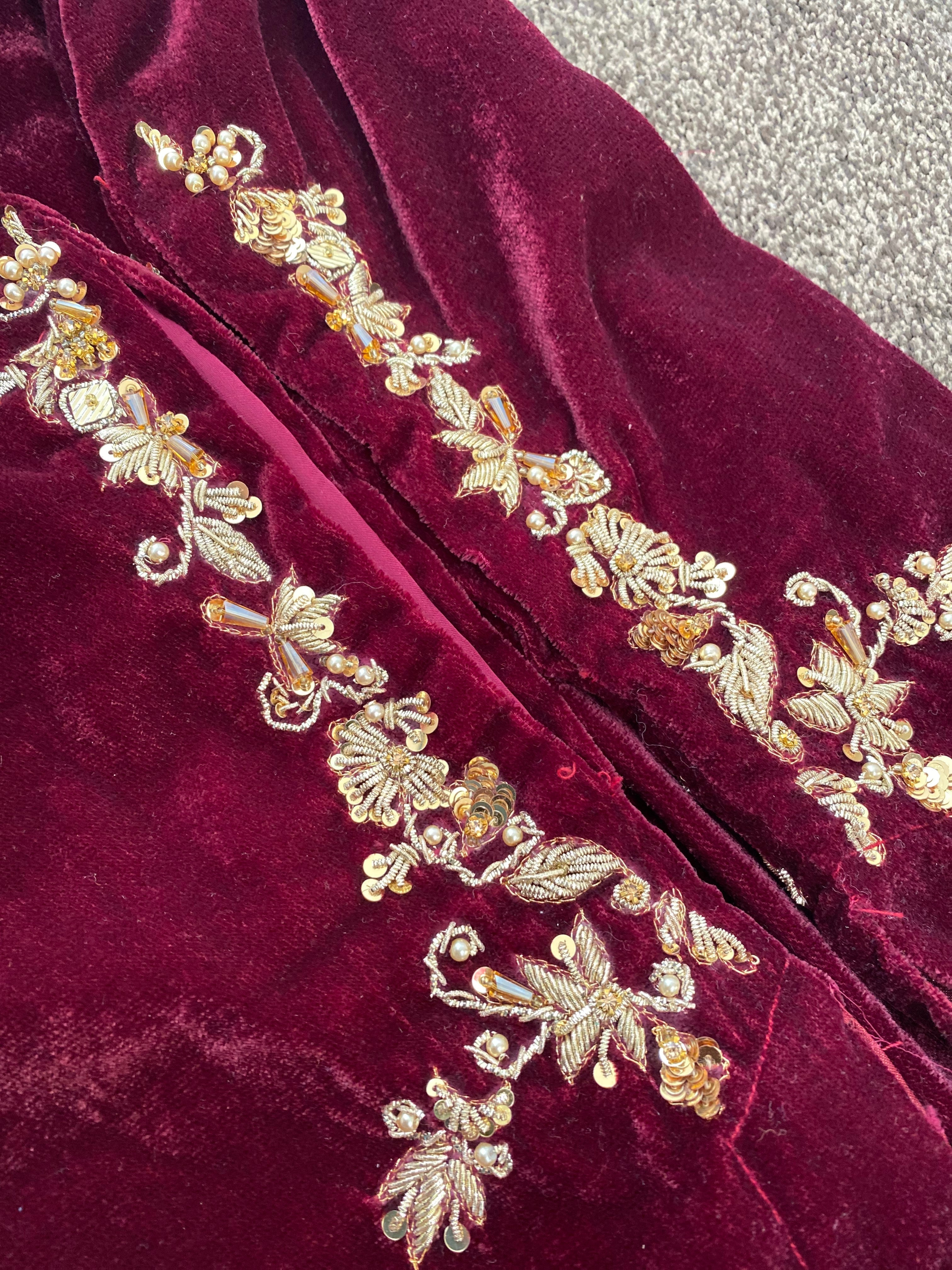 Burgundy Velvet Pret Maroon and Gold Party Wedding Outfit UK 2023