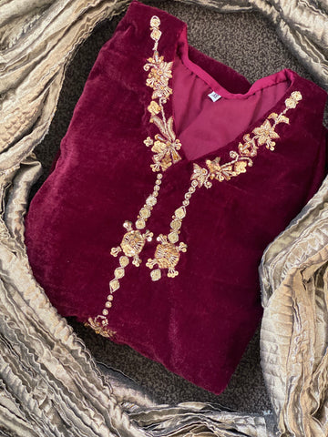 Burgundy Velvet Pret Maroon and Gold Party Wedding Outfit UK 2023