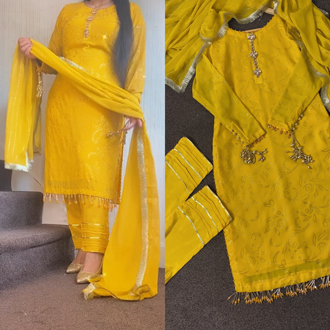 Maiyu Mukesh Party Wear Yellow Gold Wedding Dress UK Online