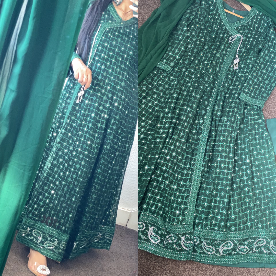 Green Chikankaari Maxi Long Frock - Women's Party Dress UK 2023