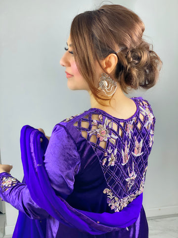 “Jaman” purple Velvet Pret with gold and Silver Wedding Outfit - Rang de Boutique