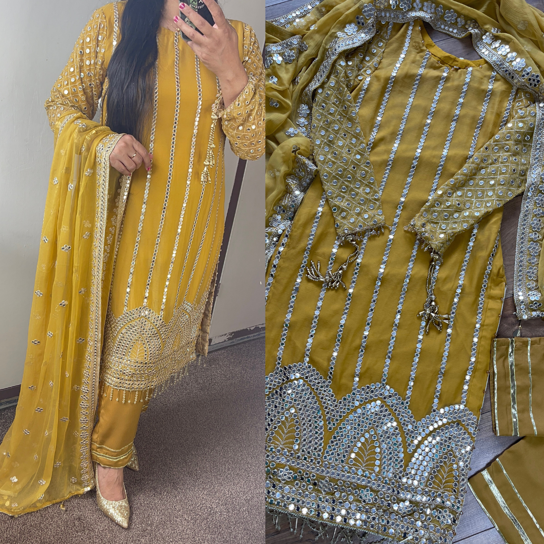 Mehfil - Mastard Yellow Luxury Chiffon with Foil - Rang de Boutique