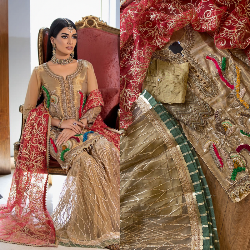 “ Laal Dupatta” KB Garara Outfit for Mehndi Wedding Gold Red - Rang de Boutique