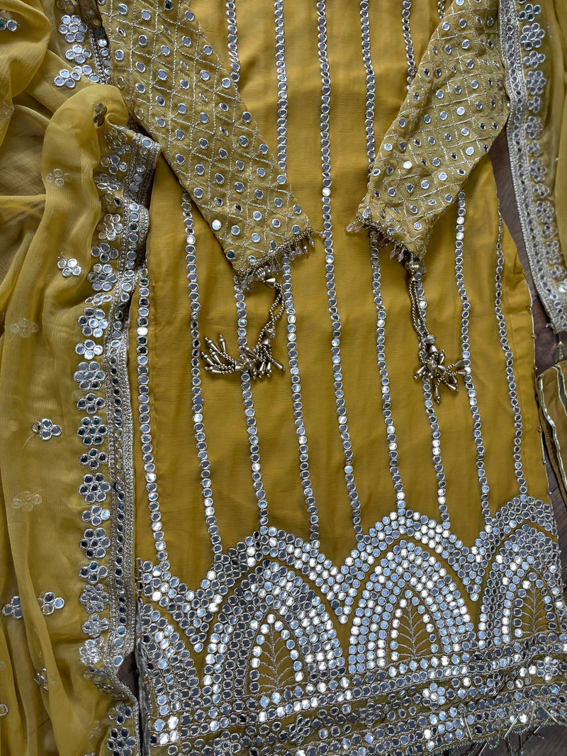 Mehfil - Mastard Yellow Luxury Chiffon with Foil - Rang de Boutique