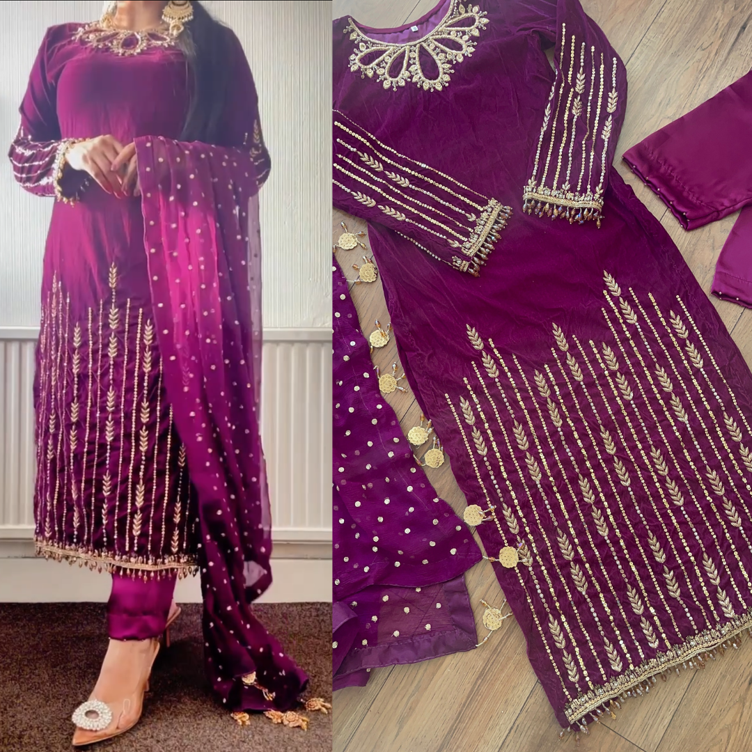 Singhaar Luxury Velvet Party Wear Magenta Gold UK 2023