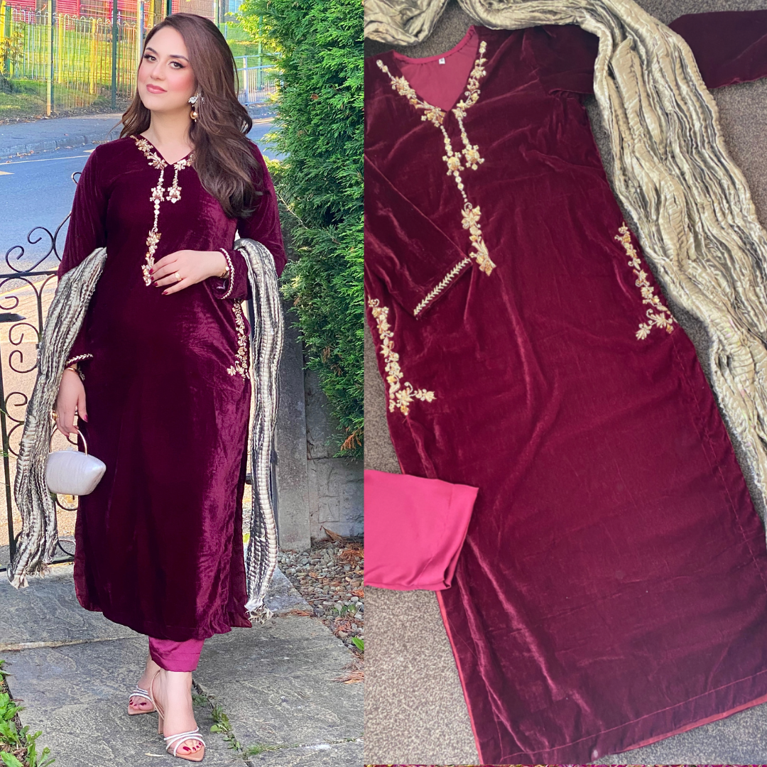 Burgundy Velvet Pret Maroon and Gold Party Wedding Outfit UK 2023