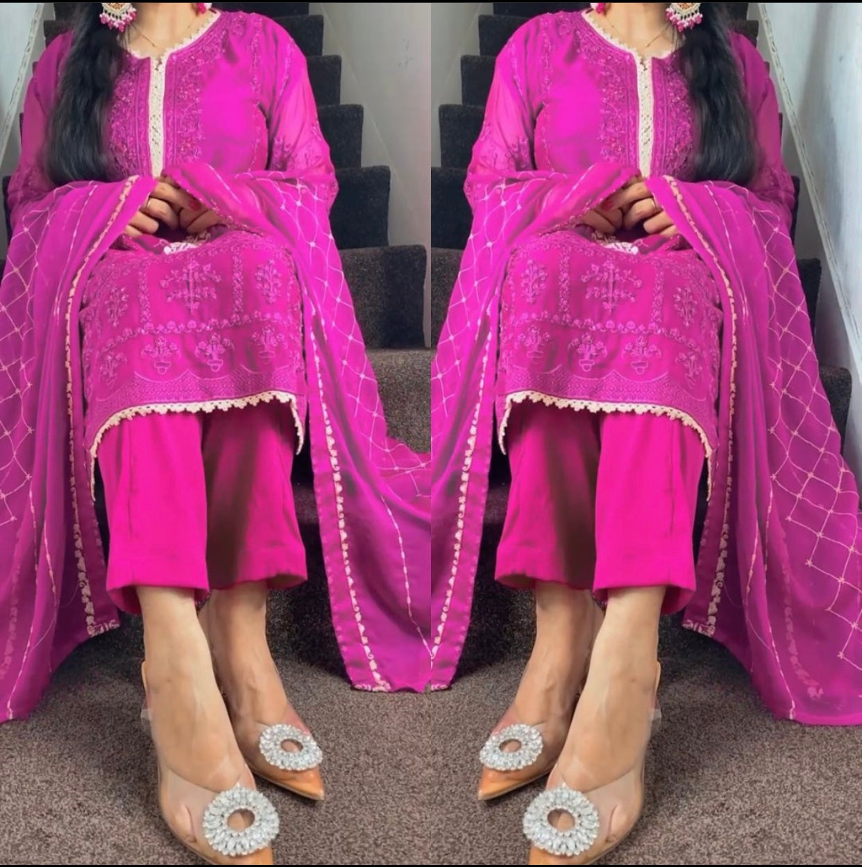 Agha Noor Inspired Hot Pink Magenta Chiffon Dress UK 2023