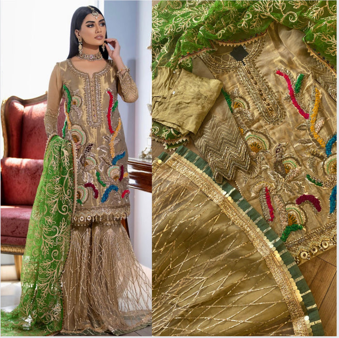 “Hara Dupatta” KB Garara Outfit for Mehndi Gold Green - Rang de Boutique