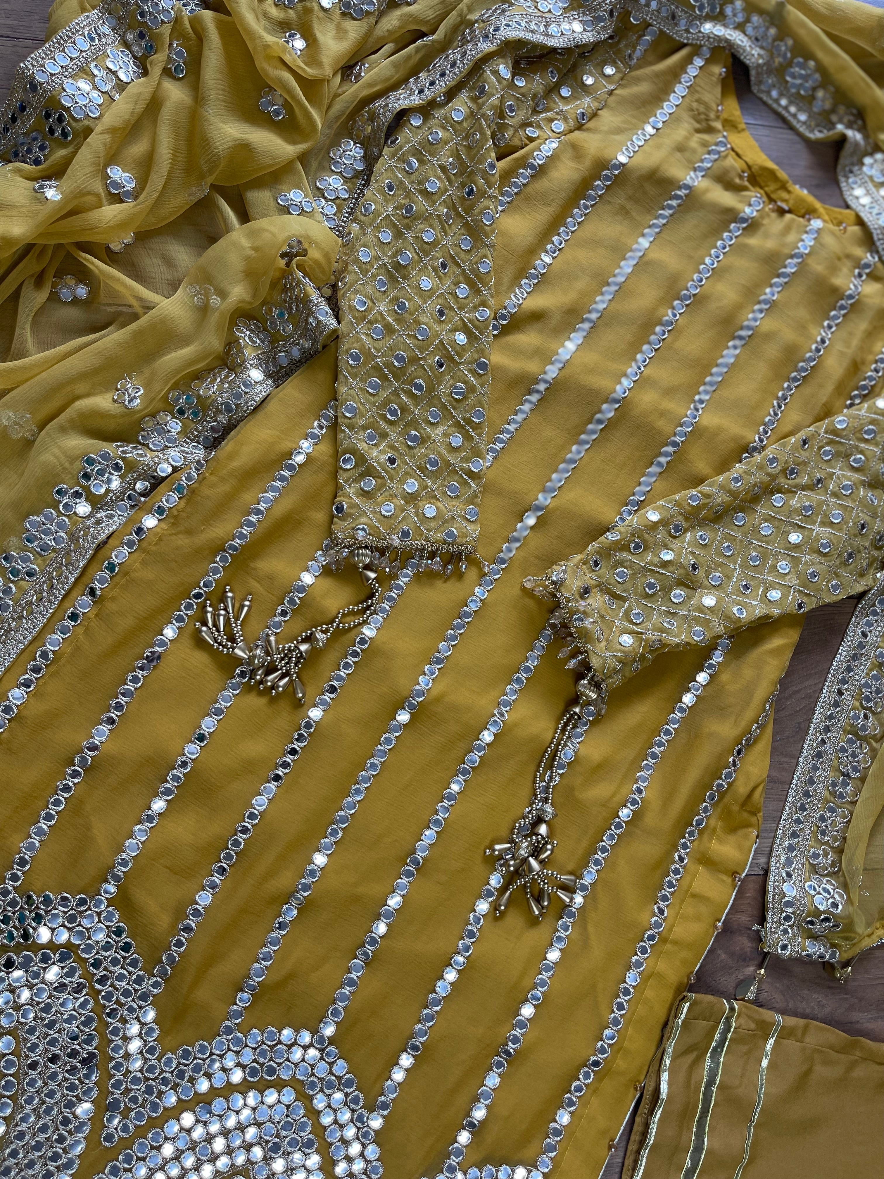 Mehfil - Mastard Yellow Luxury Chiffon with Foil - Rang de Boutique