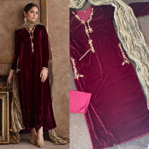 Burgundy Velvet Pret Maroon and Gold Party Wedding Outfit UK 2023