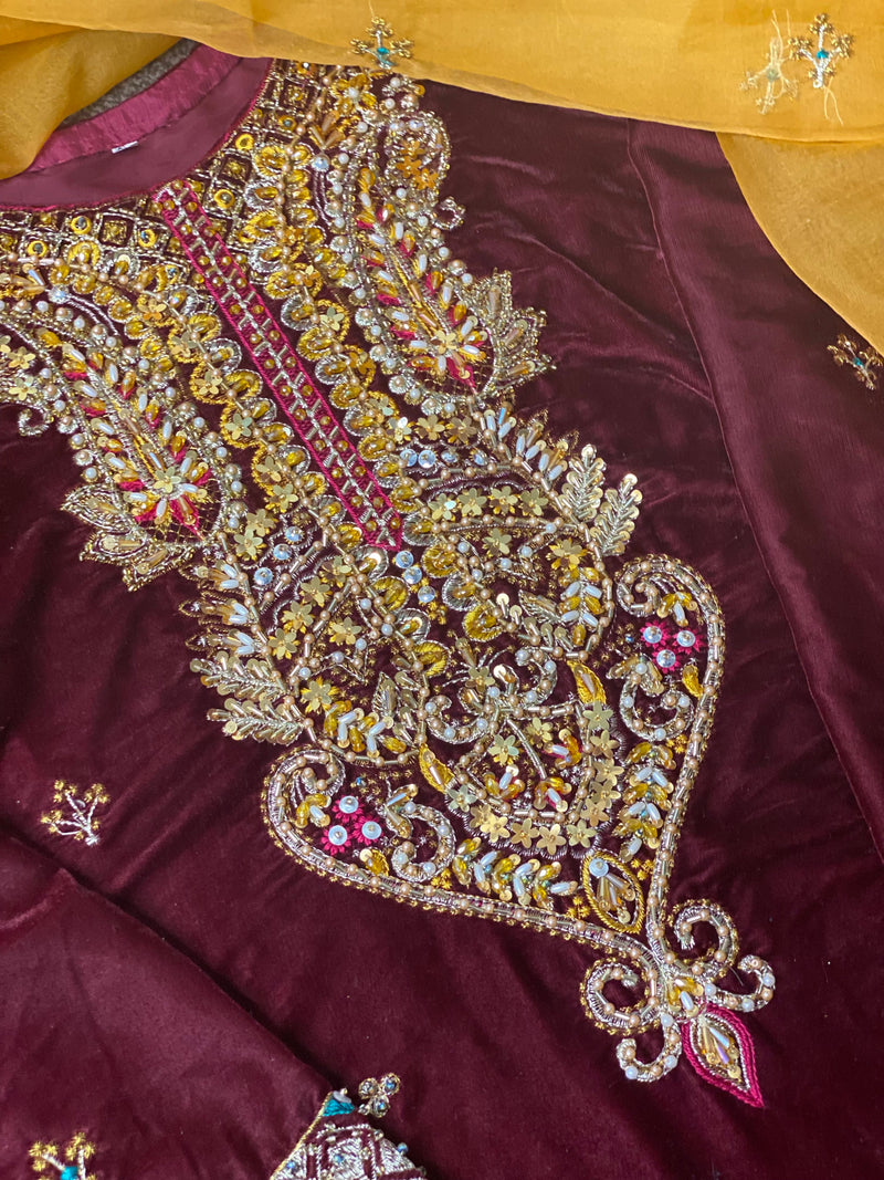 Anus Abrar Luxury Velvet with multi organza dupatta - Rang de Boutique