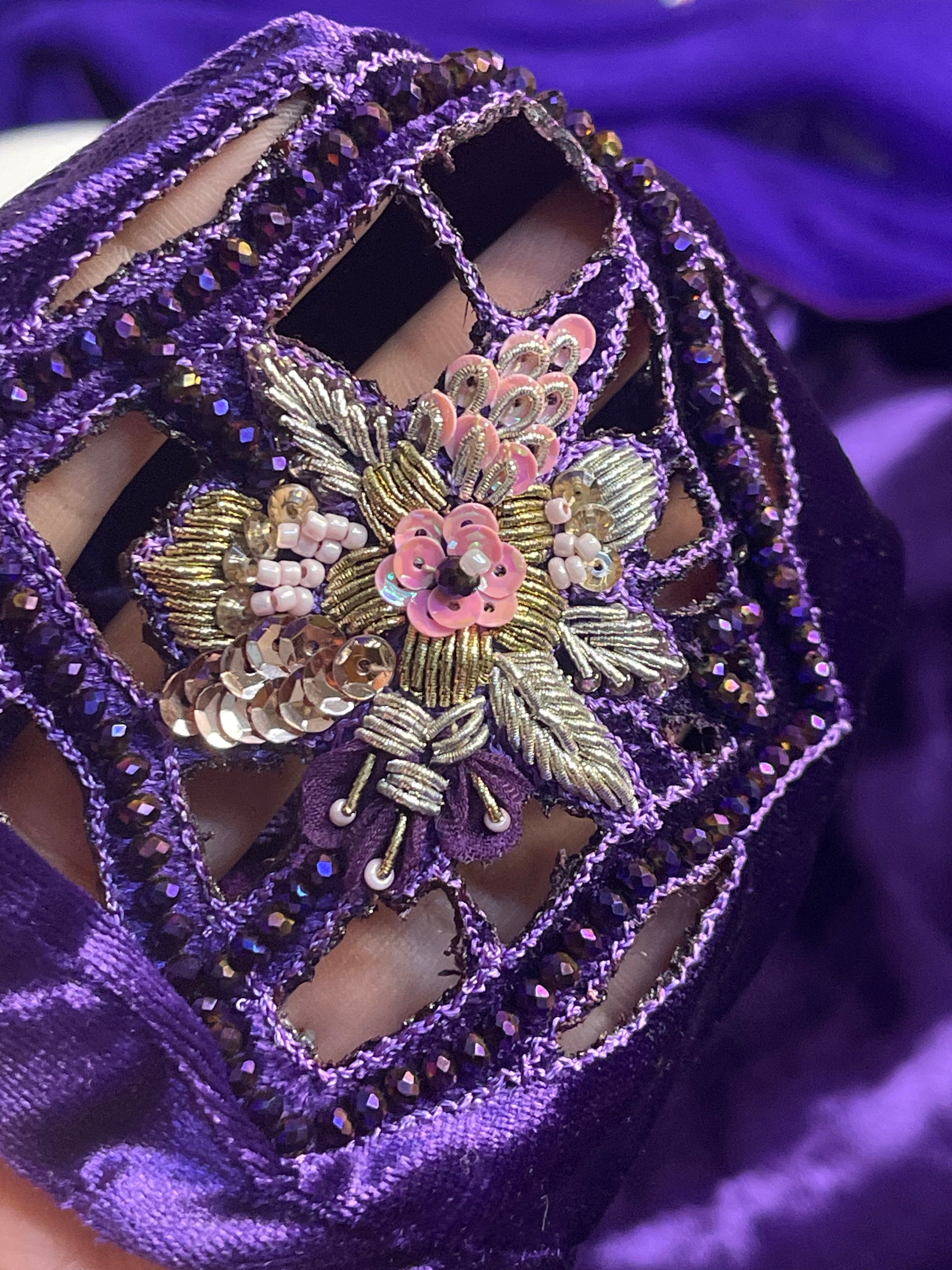 “Jaman” purple Velvet Pret with gold and Silver Wedding Outfit - Rang de Boutique