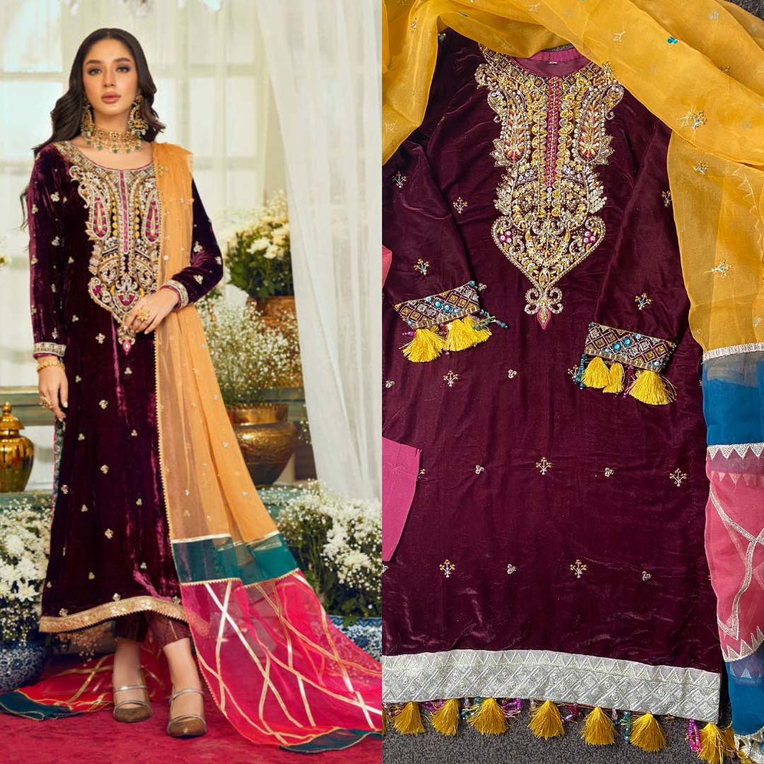 Anus Abrar Luxury Velvet Dress With Multi Organza Dupatta UK Online