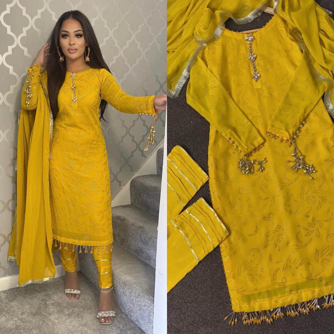 Maiyu Mukesh Party Wear Yellow Gold Wedding Dress UK Online