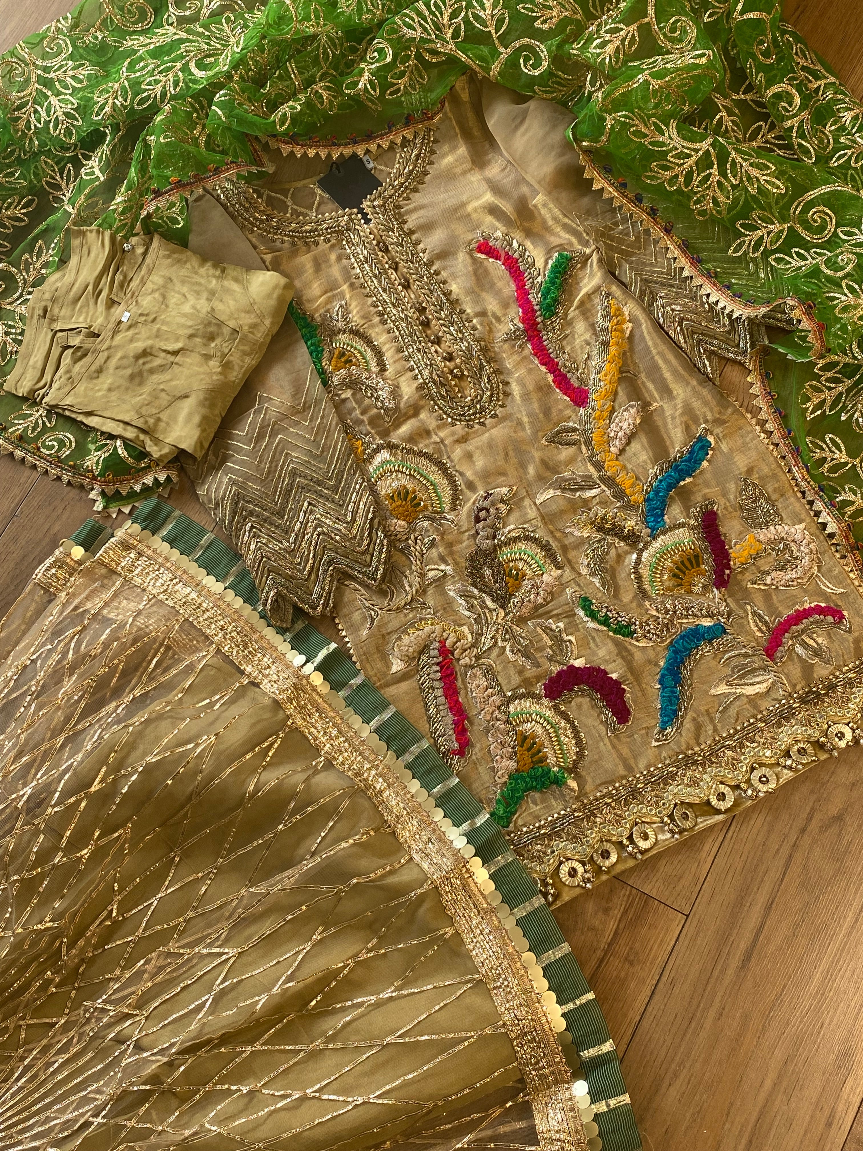 “Hara Dupatta” KB Garara Outfit for Mehndi Gold Green - Rang de Boutique