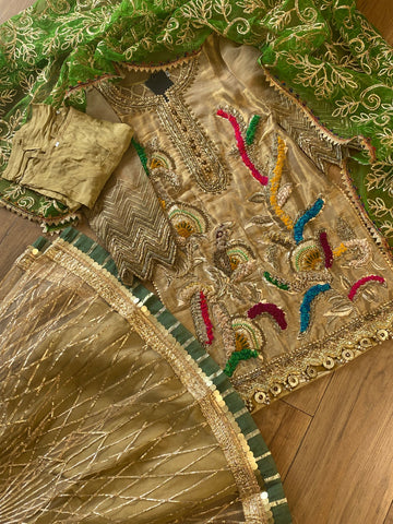 “Hara Dupatta” KB Garara Outfit for Mehndi Gold Green - Rang de Boutique