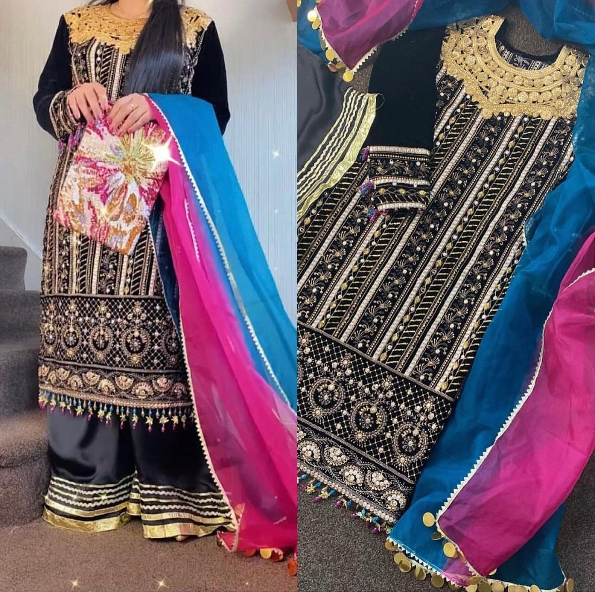 “Rangeen Jora” Velvet Gota sharara Outfit Black - Rang de Boutique