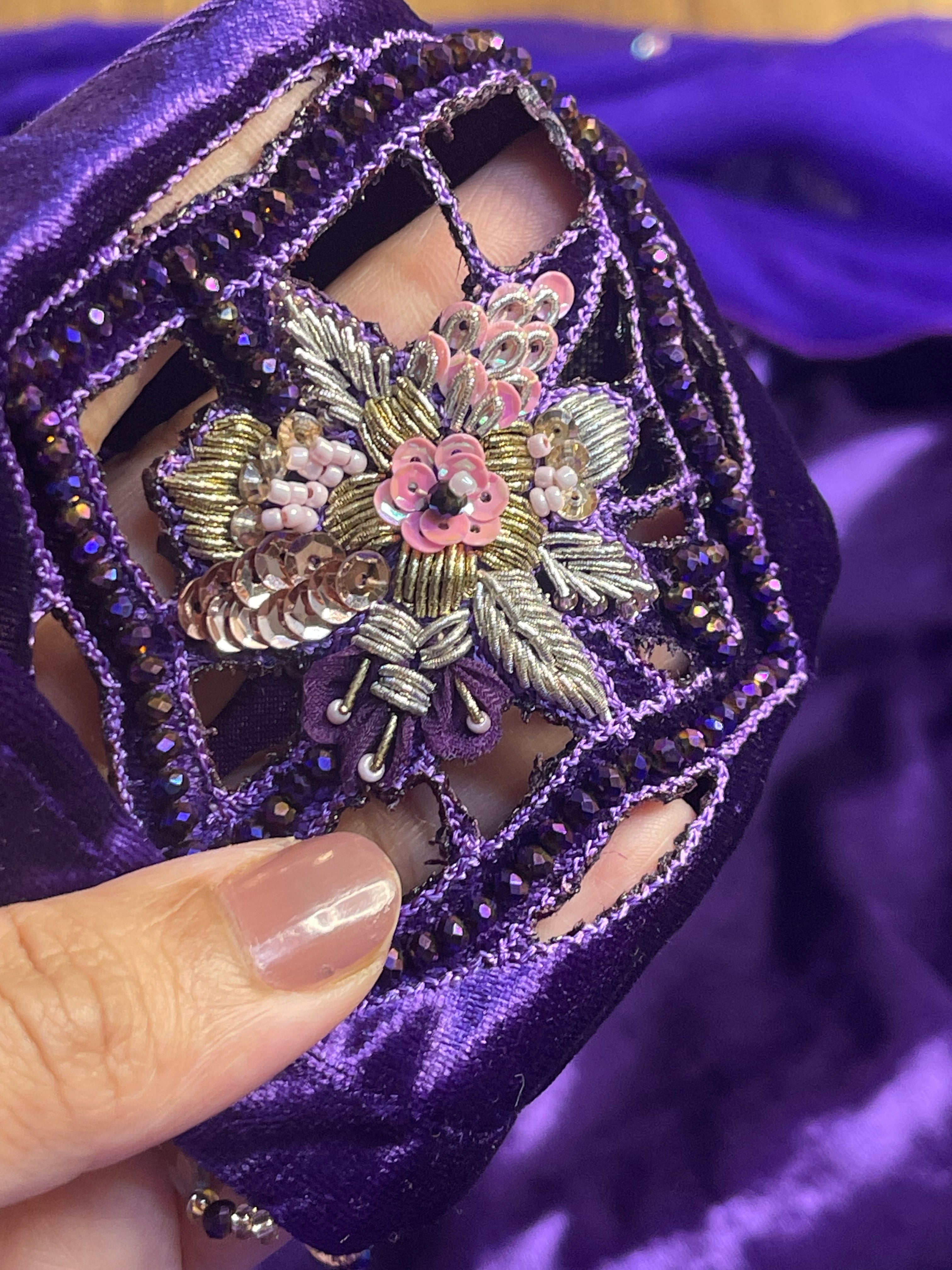 “Jaman” purple Velvet Pret with gold and Silver Wedding Outfit - Rang de Boutique