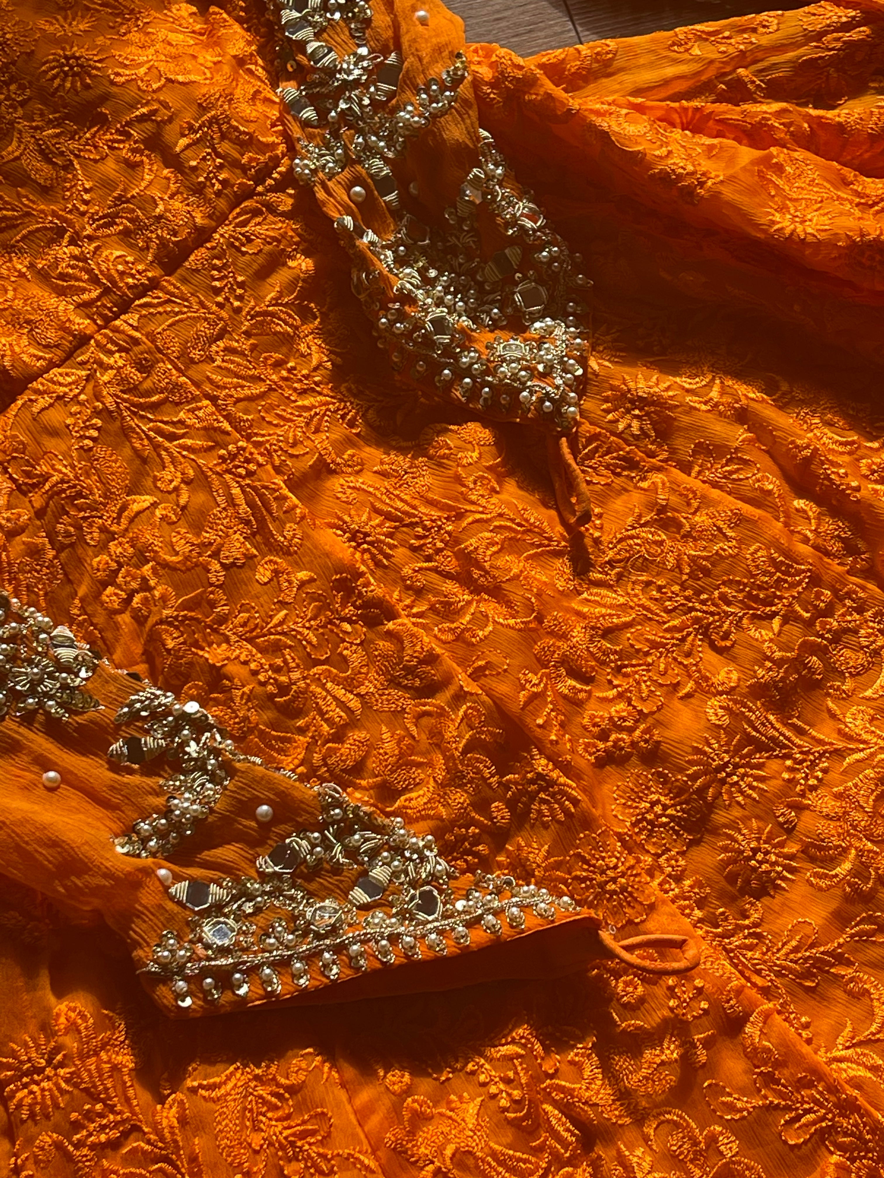 Naran-jee Orange Maxi Frock Mehndi Wedding Outfit - Rang de Boutique