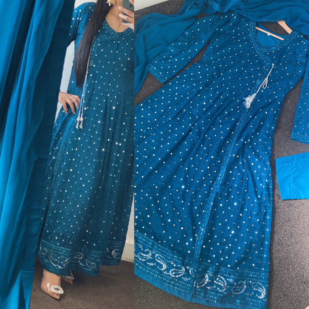 Peacock Chiffon Chikankaari Maxi long Frock - Rang de Boutique