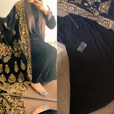 Sequins and Gota black Velvet Shawl with velvet frock - Rang de Boutique