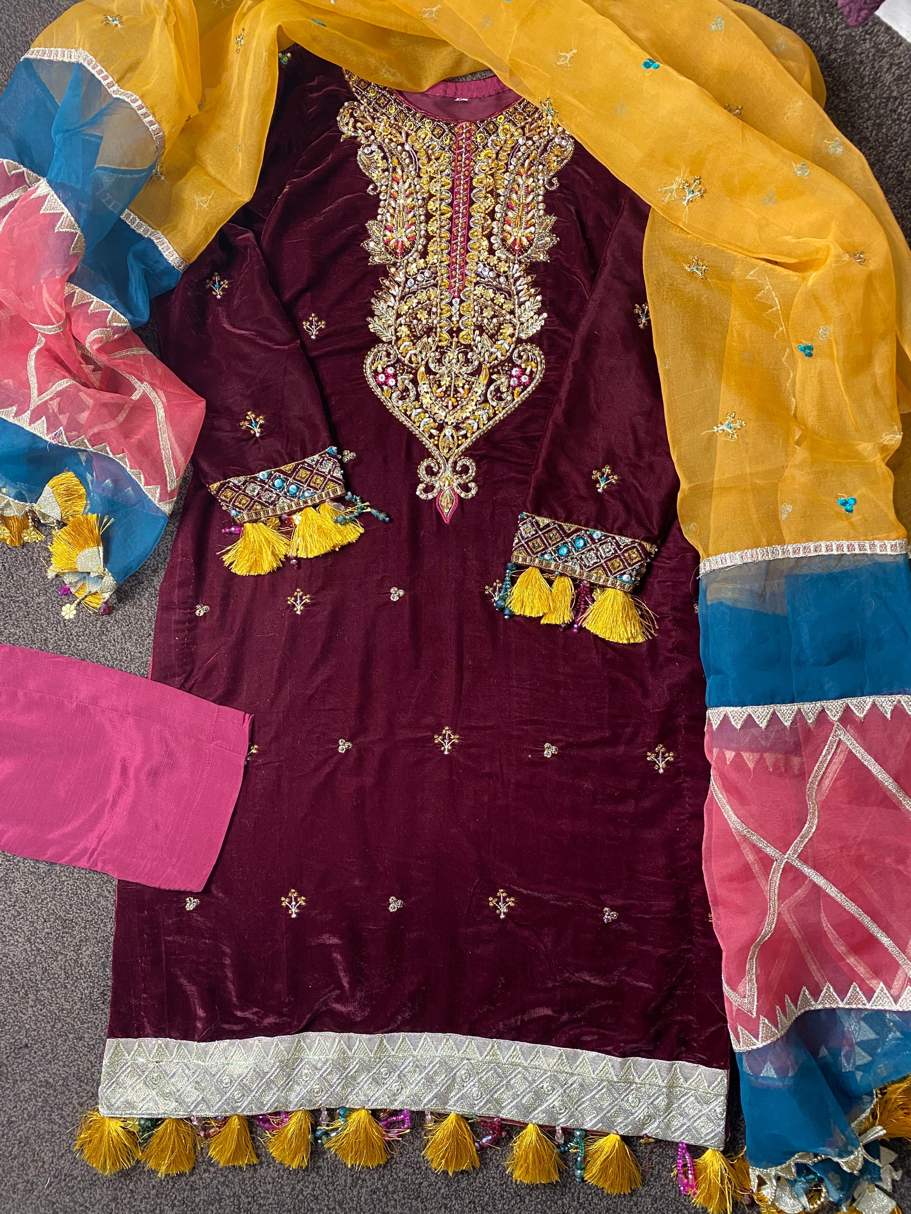 Anus Abrar Luxury Velvet Dress With Multi Organza Dupatta UK Online