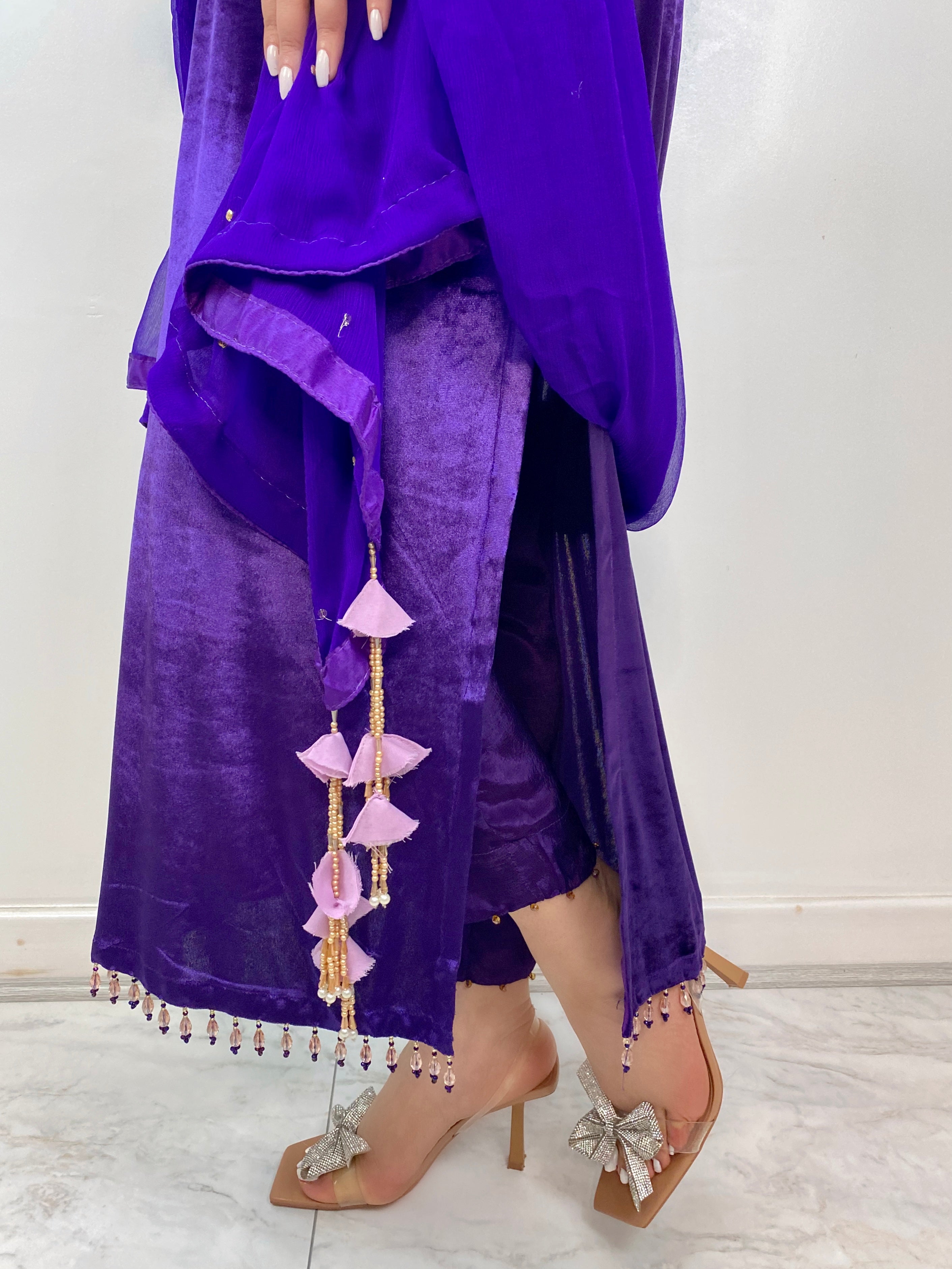 “Jaman” purple Velvet Pret with gold and Silver Wedding Outfit - Rang de Boutique