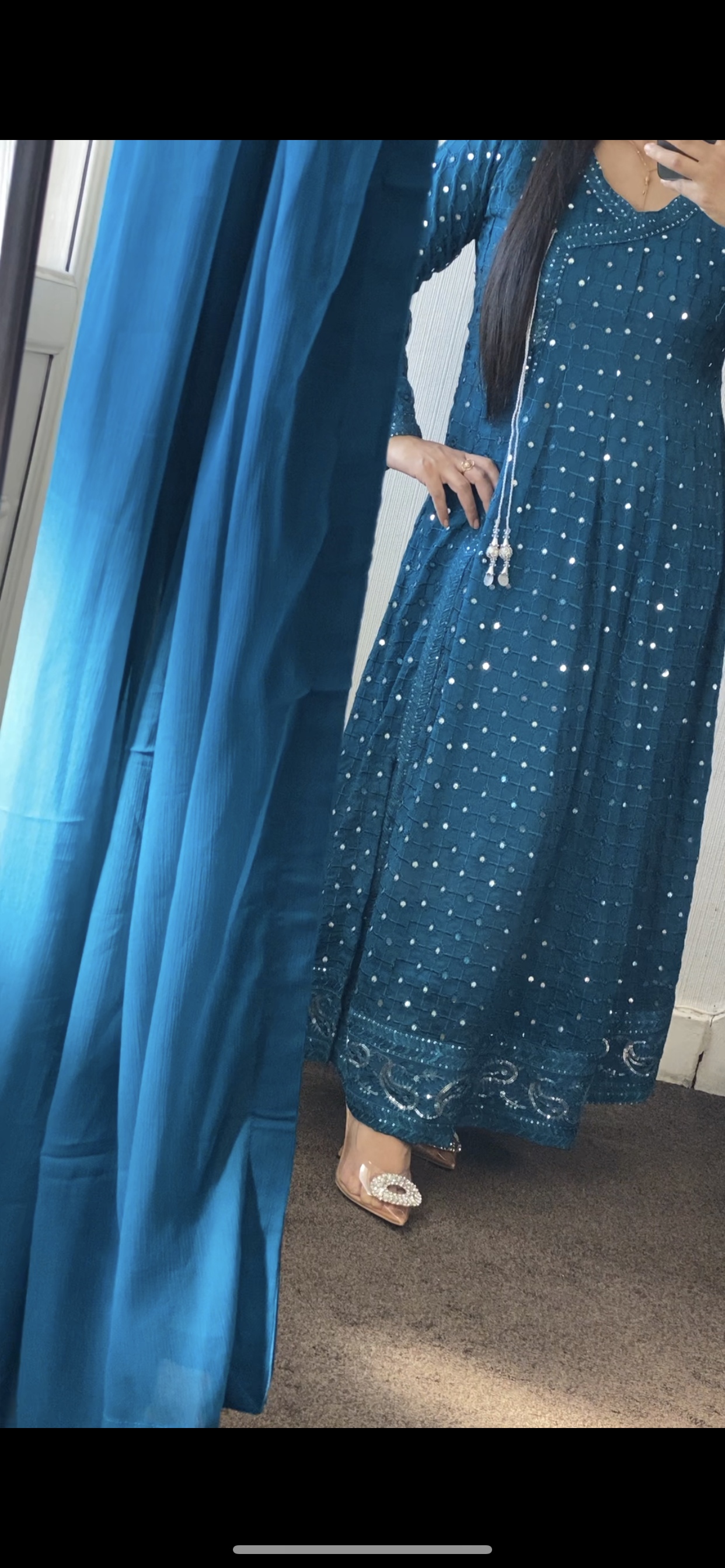 Peacock Chiffon Chikankaari Maxi long Frock - Rang de Boutique