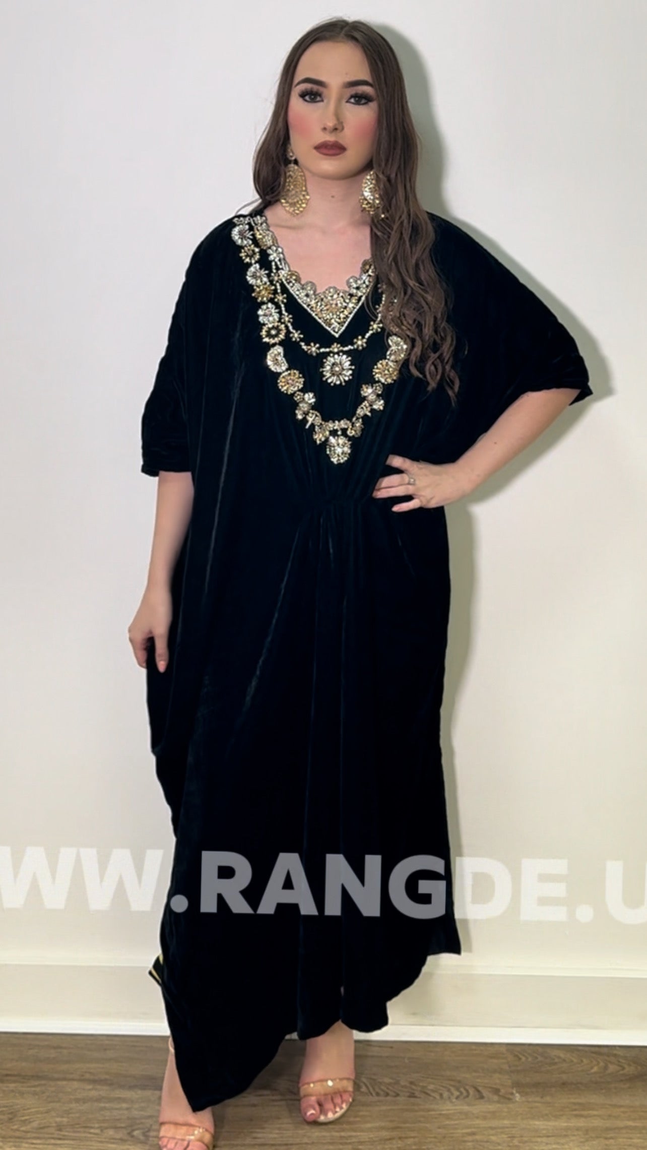 “Raat ki Rani 3” Velvet Pret Black Kaftan- Hand Embellished Kaftaan winter - Rang de Boutique