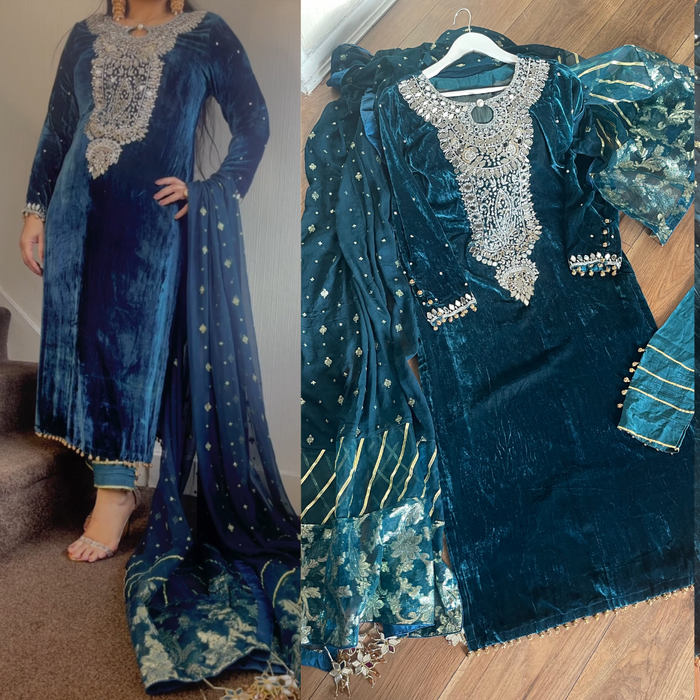 “Peacock” Luxury Velvet Pret with Silver and Gold Party Wedding Outfit - Rang de Boutique