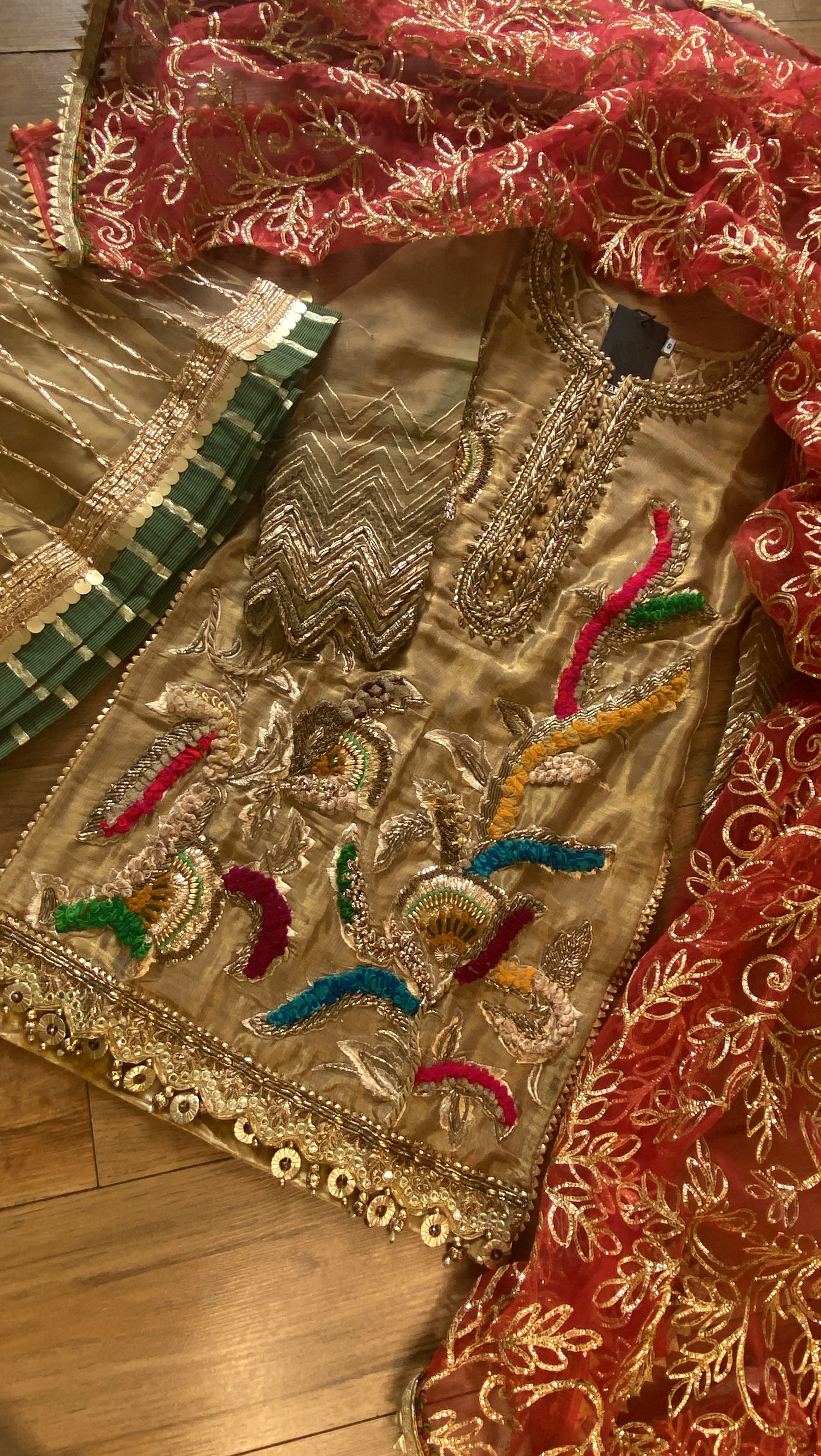 “ Laal Dupatta” KB Garara Outfit for Mehndi Wedding Gold Red - Rang de Boutique