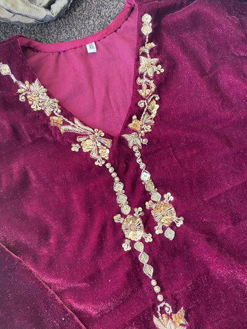 Burgundy Velvet Pret Maroon and Gold Party Wedding Outfit UK 2023