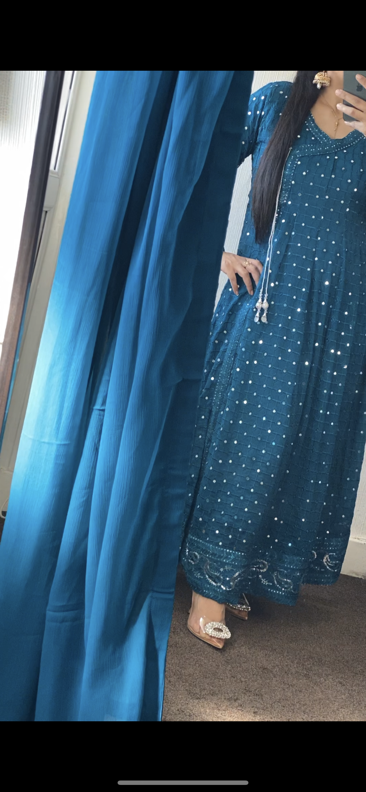 Peacock Chiffon Chikankaari Maxi long Frock - Rang de Boutique