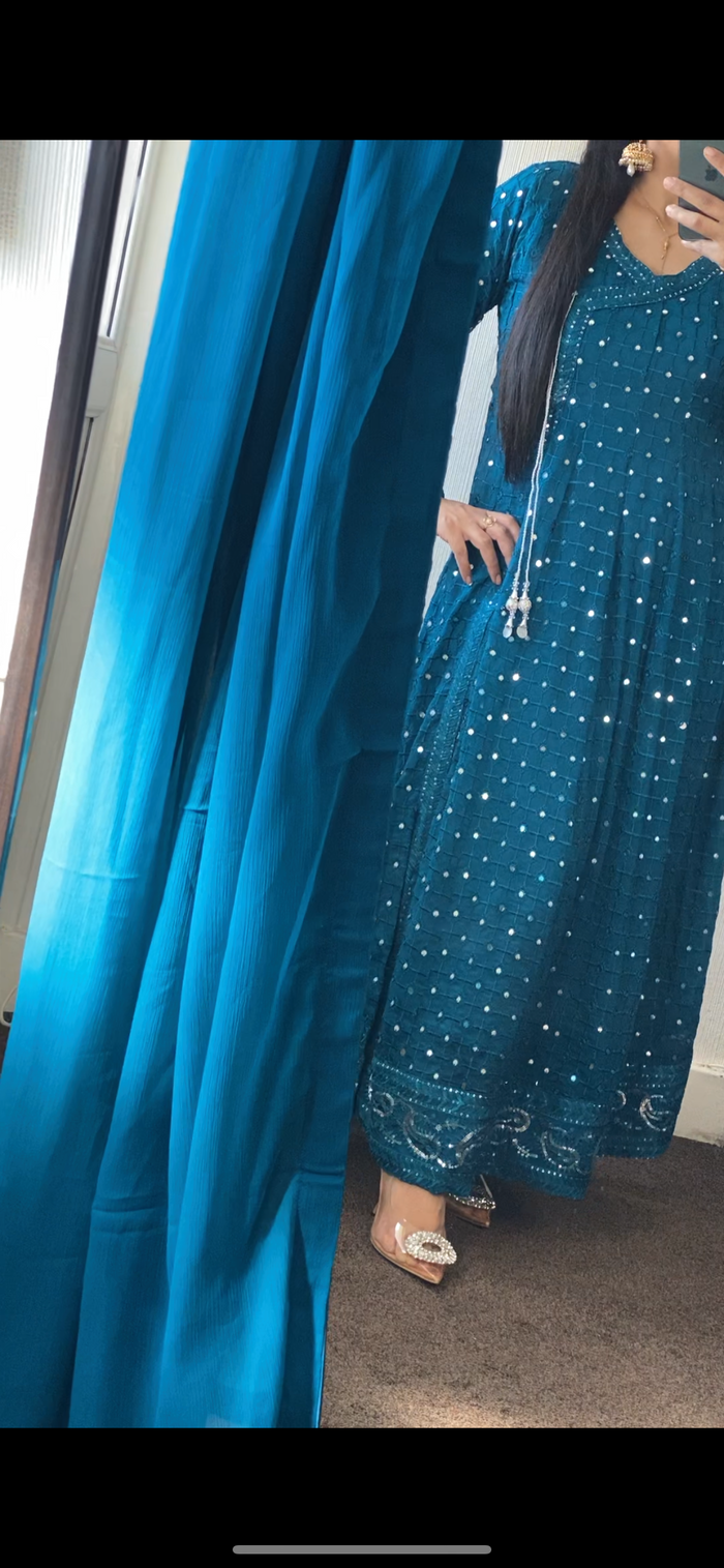 Peacock Chiffon Chikankaari Maxi long Frock - Rang de Boutique