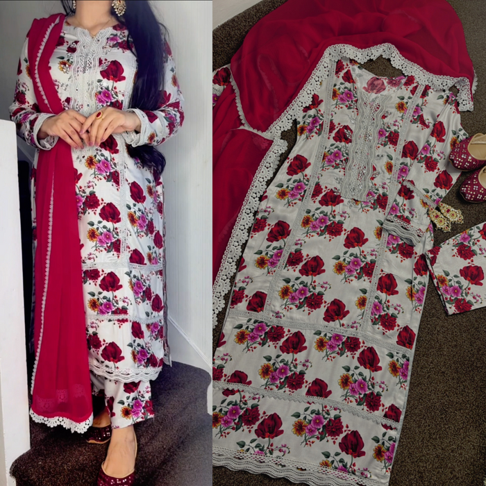 Roses Marina X Sheesha Pret- Mirror embroidery & floral print suit pmw winter - Rang de Boutique