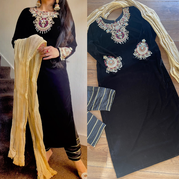 “Rimjhim” Velvet Pret Black Party Wedding Outfit - Rang de Boutique