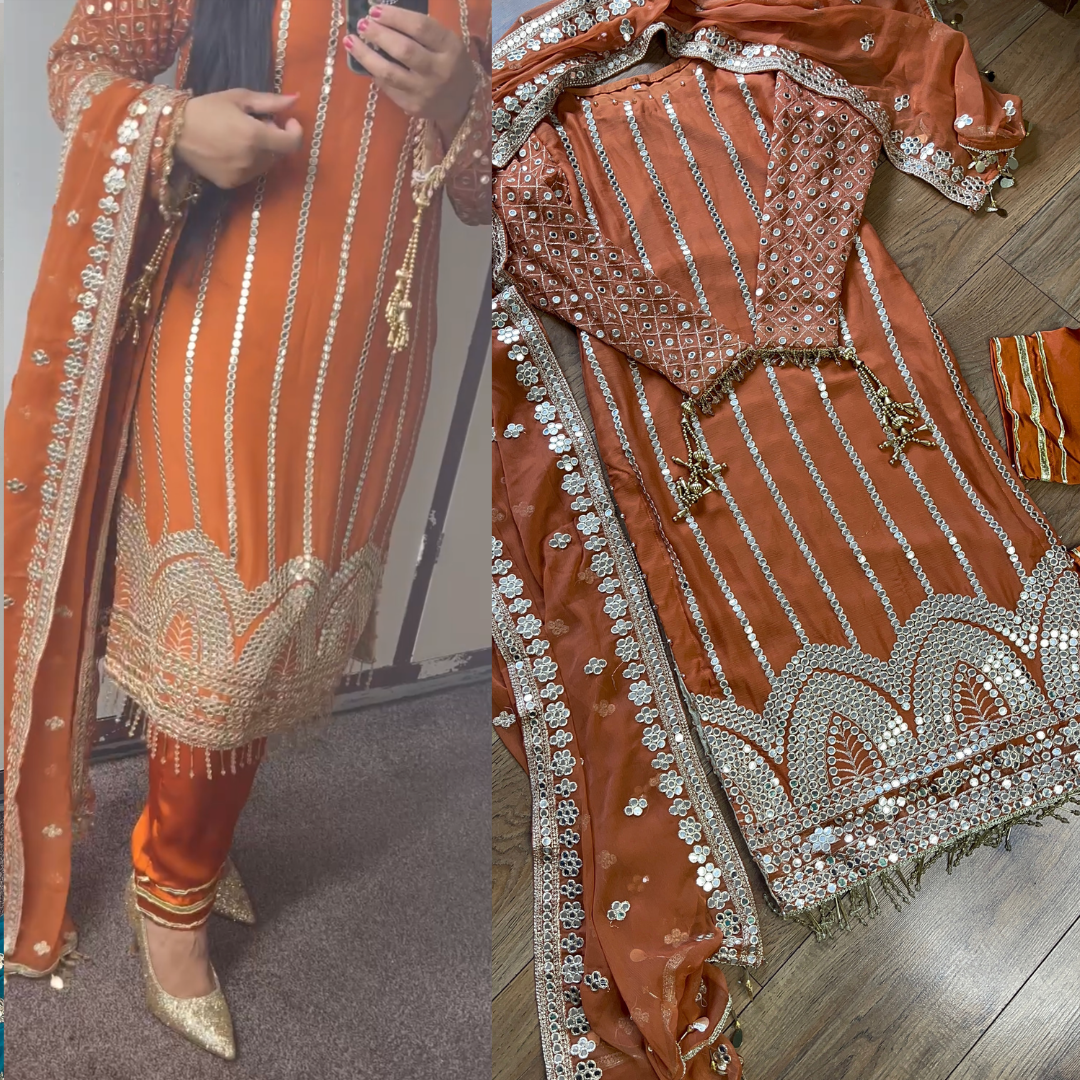 Mehfil - Burnt Orange Luxury Chiffon with Foil - Rang de Boutique