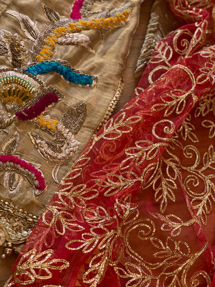 “ Laal Dupatta” KB Garara Outfit for Mehndi Wedding Gold Red - Rang de Boutique