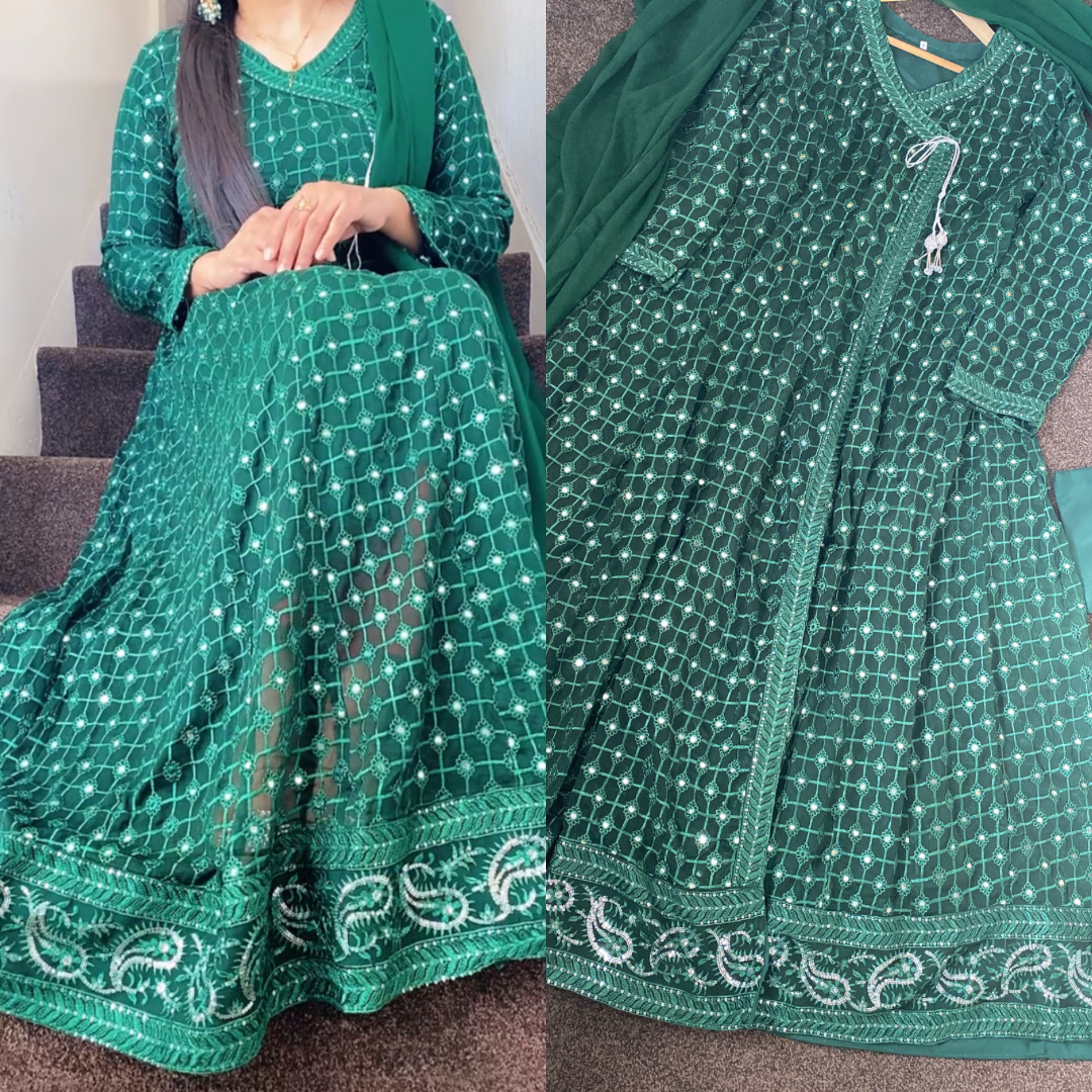 Green Chikankaari Maxi Long Frock - Women's Party Dress UK 2023