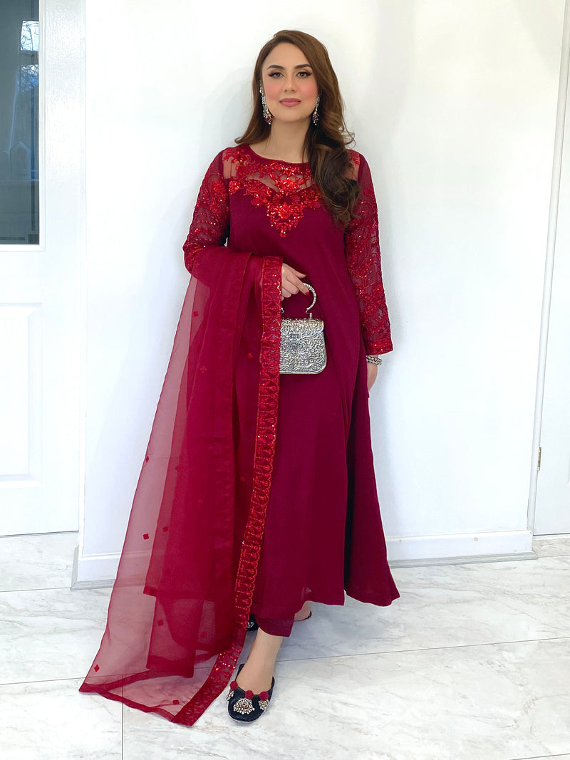 Laali Red Chiffon outfit perfect for Ramadan & Eid - Rang de Boutique
