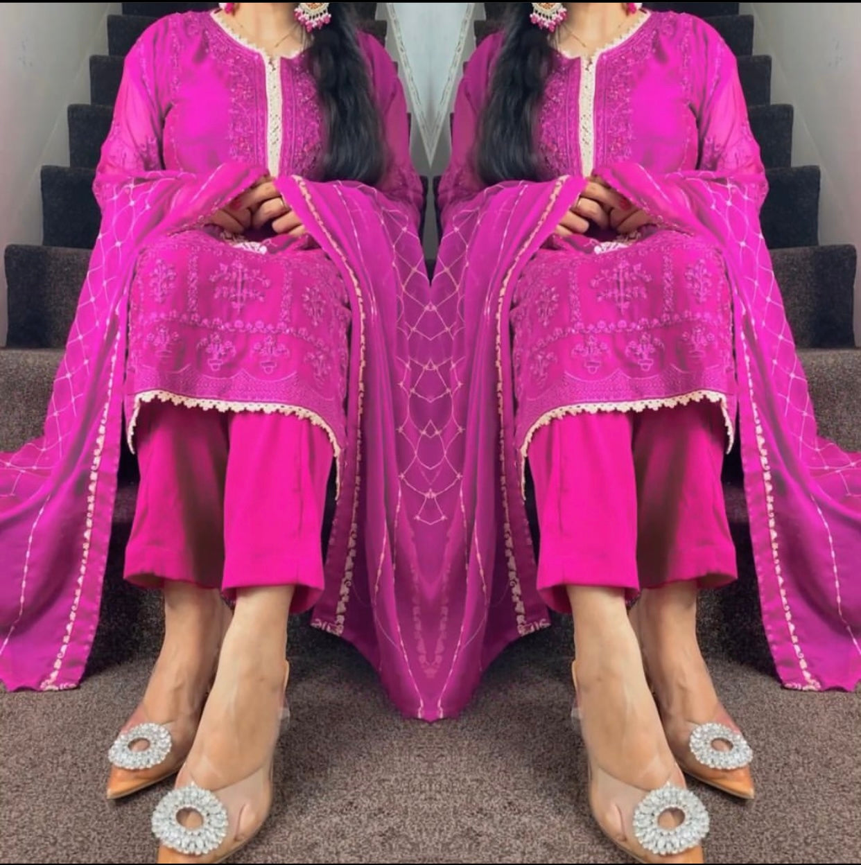 Agha Noor Inspired Hot Pink Magenta Chiffon Dress UK 2023