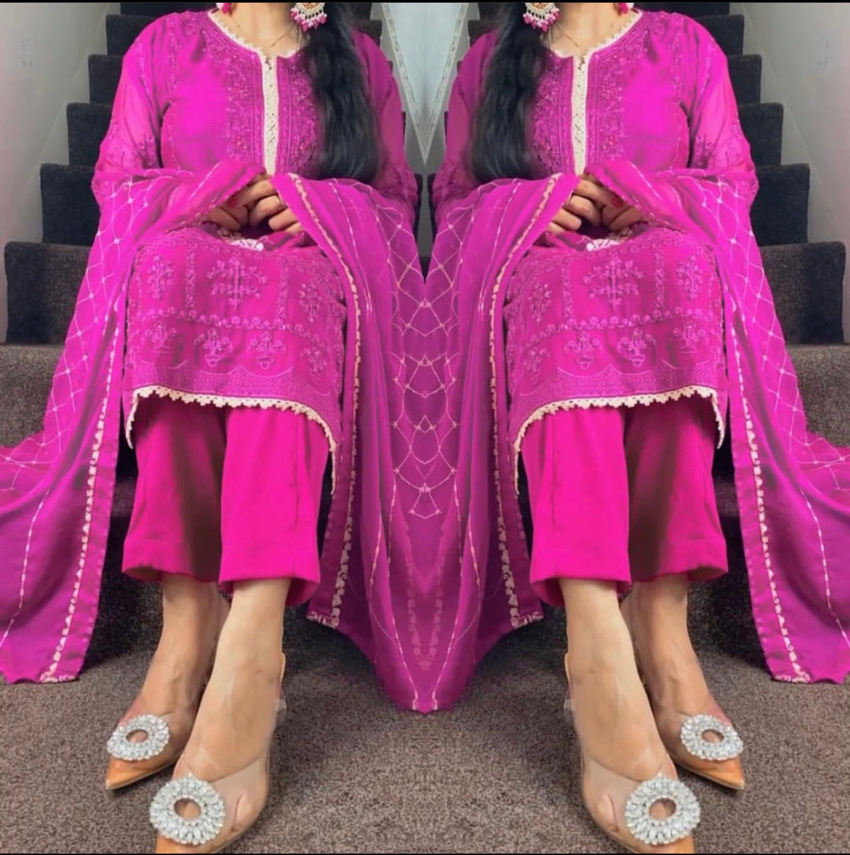 Agha Noor Inspired Hot Pink Magenta Chiffon Dress UK 2023