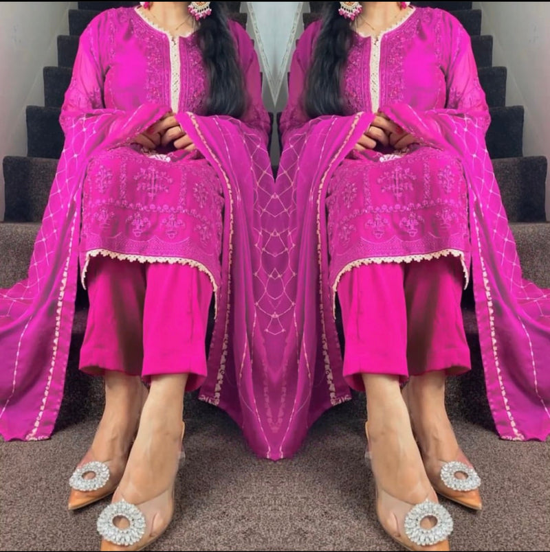 Agha Noor Inspired Hot Pink Magenta Chiffon Dress UK 2023