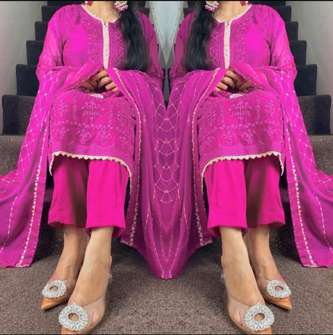 Agha Noor Inspired Hot Pink Magenta Chiffon Dress UK 2023